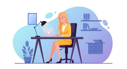 Businesswoman working on laptop in modern office, ideal for website banners or business presentations.
