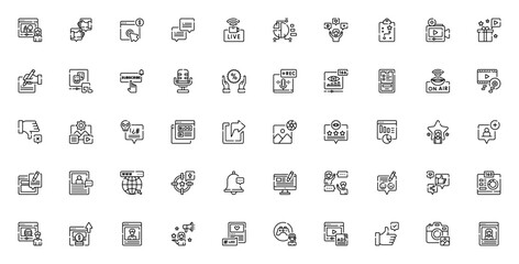 Blogger and influencer icon set. Social media vector icons pack. Includes beauty blogger, live, engagement, hashtag, analytics, video, like, followers and more. Editable stroke.