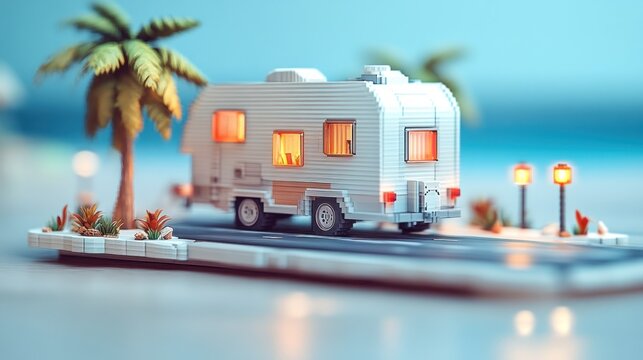 Miniature camper van on a pixelated island