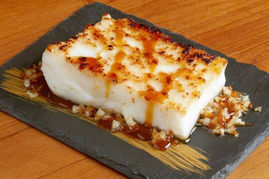 Pan-Seared Halibut Steak on Slate, Drizzled with Teriyaki Glaze, Garnished with Onions, Warm Lighting, Food Photography