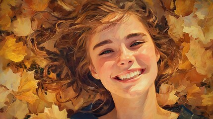 A young Caucasian woman with long brown hair smiles while lying in a bed of autumn leaves. The scene captures the essence of fall and joy.