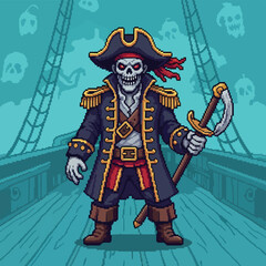 Obraz premium Pixel Art Skeleton Pirate Captain with Cutlass on Ship Deck.