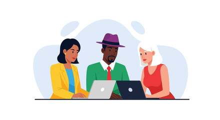 Diverse team collaborating on laptops, ideal for website banners or business presentations.