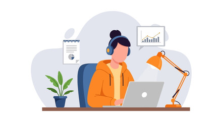 Person working from home on laptop, wearing headphones, with graph and documents, ideal for remote work and productivity concepts.