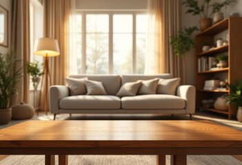 Wooden coffee table in a bright living room.