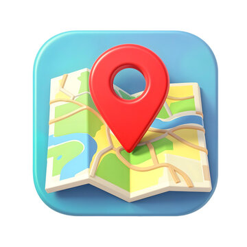 Location Icon on Map: A vibrant and modern location icon, rendered in a 3D style, prominently displayed atop a detailed map, symbolizing navigation, travel, and geographical exploration.