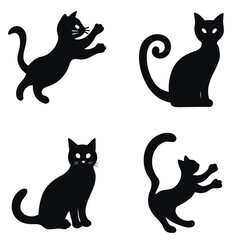 Set of black cat silhouettes in various poses. black and white illustration isolated on white background. Cat, halloween
