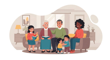 Multigenerational Family Reading Together at Home: Perfect for family, togetherness, and bonding themed websites and brochures.