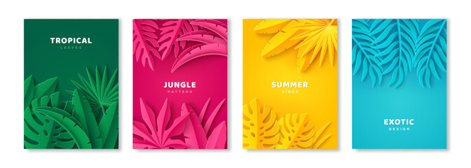 Tropical leaves floral poster design template, summer wallpaper palm tree. Hawaii colorful background, banner flyer set. Vector illustration. 3d paper cut minimal tropic plant, nature frame border.