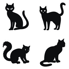Set of black cat silhouettes in various poses. black and white illustration isolated on white background. Cat, halloween