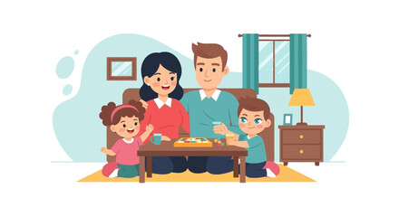 Happy family playing a board game together at home. Perfect for family blogs, parenting websites, or advertising family-friendly products.