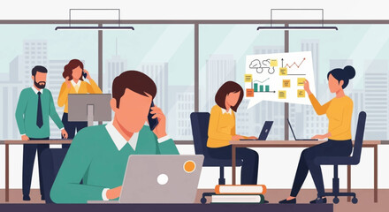 Modern business team collaborating on project, perfect for landing page or brochure.