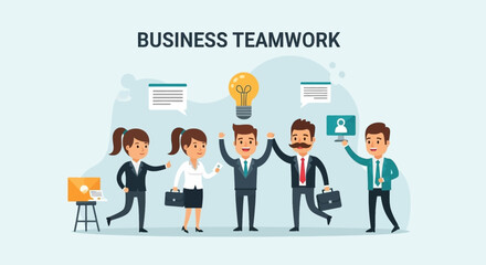 Business Teamwork Illustration: Diverse team celebrating success, ideal for presentations, websites, and marketing materials.