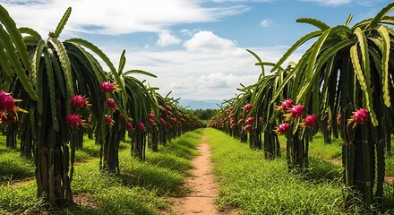 Rows of Dragon Fruit Plants with Pink Fruits and Green Leaves Under Blue Sky pitaya plantation