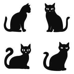Set of black cat silhouettes in various poses. black and white illustration isolated on white background. Cat, halloween