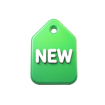 New Green Tag: A vivid, three-dimensional green tag boldly proclaims NEW to a consumer audience, evoking a sense of fresh beginnings and exciting opportunities for any product.