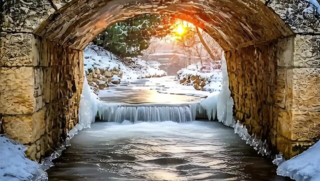 Icy stream flowing under a stone arch bridge in winter