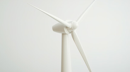 A detailed shot of a windmill showcasing its pristine white structure against a seamless backdrop. This photograph symbolizes the power of renewable energy and sustainable living.
