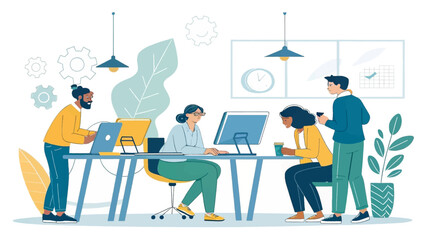 Diverse team collaborating in a modern office, perfect for website banners or company brochures.