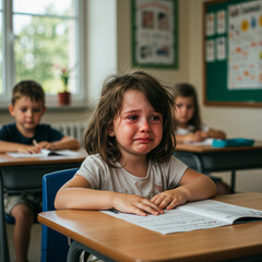 Sad Little Girl Crying Alone in Classroom – Emotional Child Portrait at School