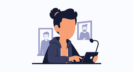 Person using tablet for online meeting or podcast, ideal for websites and presentations about communication technology.