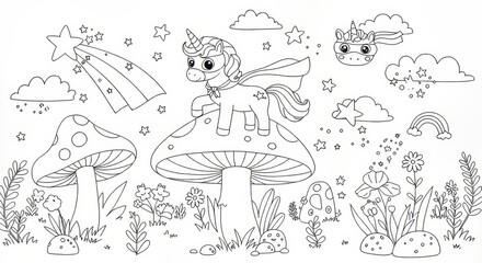 Fototapeta premium Magical Unicorn. Unicorn Coloring Page Outlines Featuring Mushrooms Stars and Rainbow