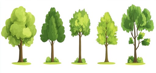 Fototapeta premium The illustration features a modern set of agricultural garden and nature park plants, including a cartoon tree, simple flat forest flora, coniferous and deciduous meadow trees like oak and pine, and