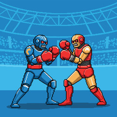 Pixelated Robots Boxing in a Futuristic Arena.