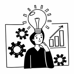 Outline drawing of a person with a big light bulb above their head, surrounded by gears and charts, symbolizing innovation and creativity in business