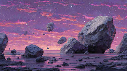 A cosmic valley with floating metallic rocks