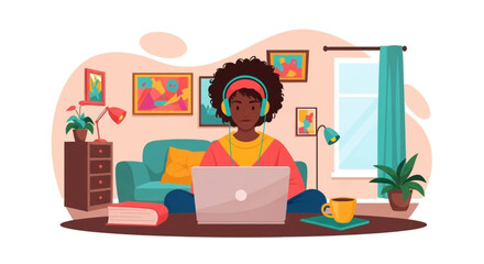 Young woman working from home, using laptop and headphones. Perfect for blog posts, websites or articles about remote work, freelance, or online learning.