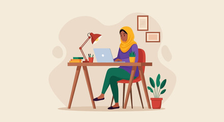 Woman in hijab working from home on laptop, perfect for blog posts about remote work or female entrepreneurs.