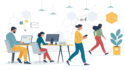 Modern office workers collaborating, ideal for website banners or business presentations.