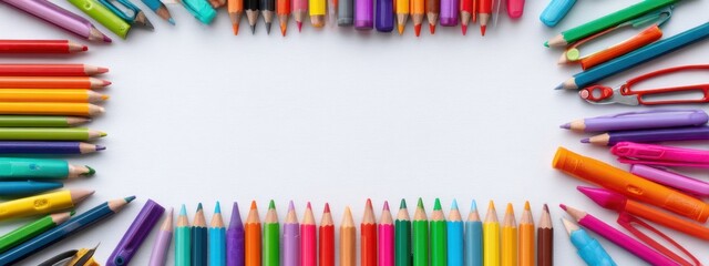 Colorful assortment of art supplies arranged on a white background for creative projects