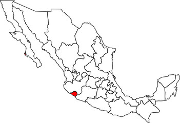 Map of Mexico with Colima State highlighted, ideal for geographic, Pacific coast, and volcanic region projects.

