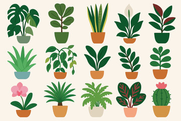 Decorative Potted Plant Illustration Set with Greenery and Flowers