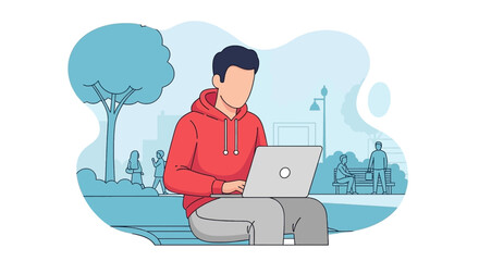 Man working on laptop in park, perfect for website banners or blog posts about remote work, freelance, or outdoor productivity.