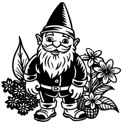 Gnomes with flower pot in cartoon style on white background