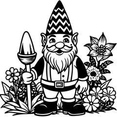 Gnomes with flower pot in cartoon style on white background