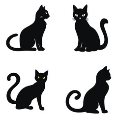 Set of black cat silhouettes in various poses. black and white illustration isolated on white background. Cat, halloween