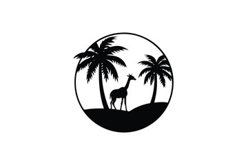 Sunset Silhouette with Palm Tree and Giraffe Walking in the Distance