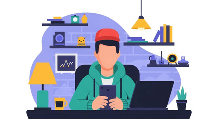 Young man working from home, using laptop and phone. Illustration perfect for blog posts, websites, and social media about remote work, freelancing, or productivity.