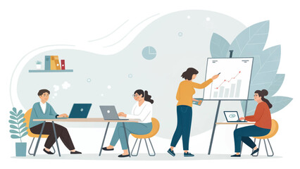 Modern business team collaborating, brainstorming, and presenting data. Ideal for websites, brochures, and presentations.