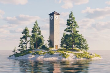 Clock tower on a secluded island in calm waters.