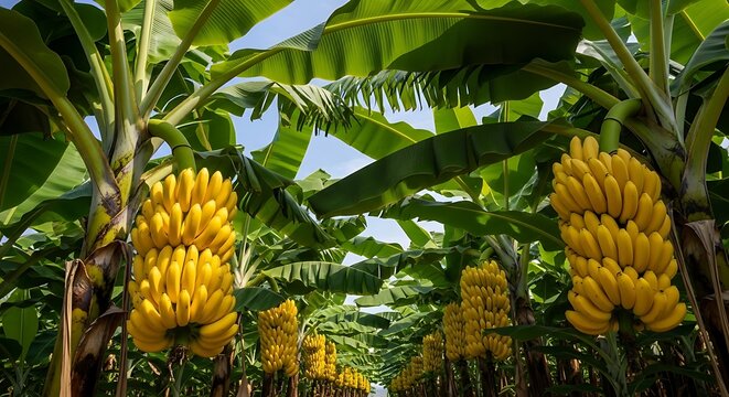 Rows of ripe yellow bananas hanging from trees in a plantation tropical fruit - Powered by Adobe