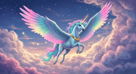 Magical Unicorn. Winged Horse Flying Through Starry Sky and Fluffy Clouds
