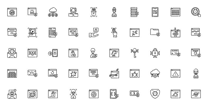 Internet security icon set. Minimal vector icons pack. Includes ad blocker, cloud computing, firewall, hacker, malware, password, phishing, virus and more. Editable stroke.
