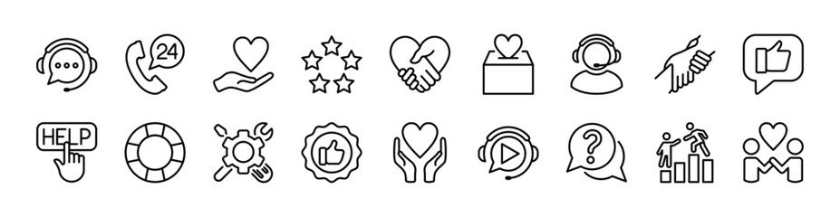 Support center icon set. Contains help care, technical service call, charity donate, handshake heart, friendship, assistance, question, buoy, live chat, volunteer, rating feedback, recommended. Vector