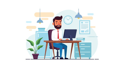 Happy businessman working at his computer in a modern office. Perfect for websites, presentations, or marketing materials.