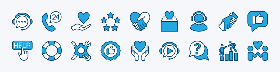 Set of support center icon. Contains help care, technical service call, charity donate, handshake heart, friendship, assistance, question, buoy, live chat, volunteer, rating feedback, recommended